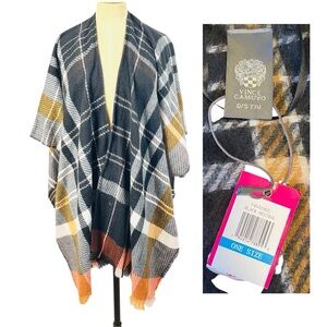 NWT Vince Camuto Plaid Poncho Shawl Topper Shrug Cape Prep Black OS Kimono Chic